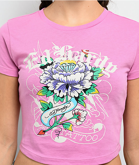 Ed Hardy Flower Diamond Pink Crop T-Shirt