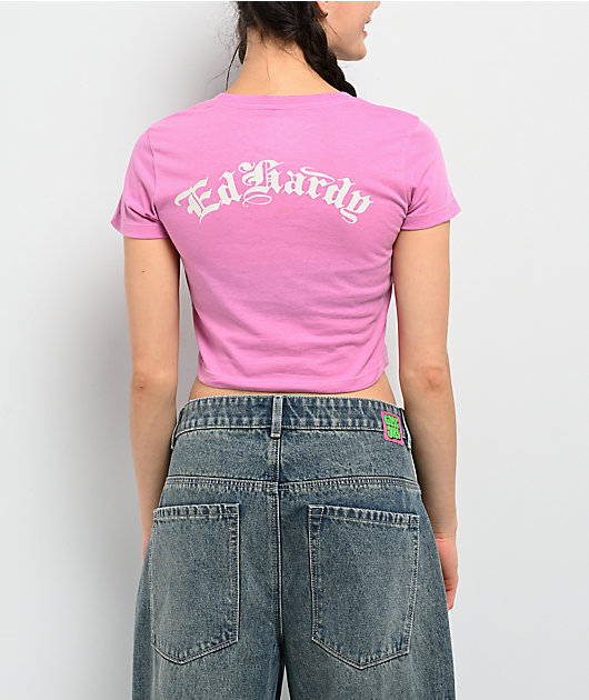 Ed Hardy Flower Diamond Pink Crop T-Shirt