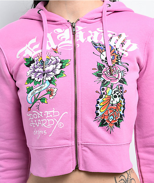 Ed Hardy Flower Skull Pink Crop Zip Hoodie