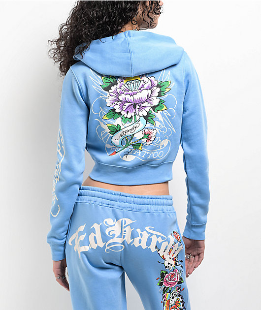 Ed Hardy Flower Skulls Powder Blue Crop Zip Hoodie | Zumiez