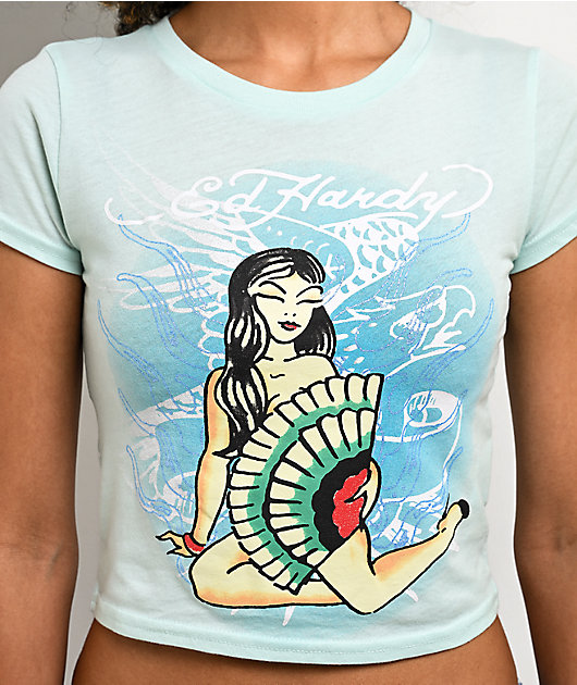 Ed Hardy Geisha Blue Crop T-Shirt