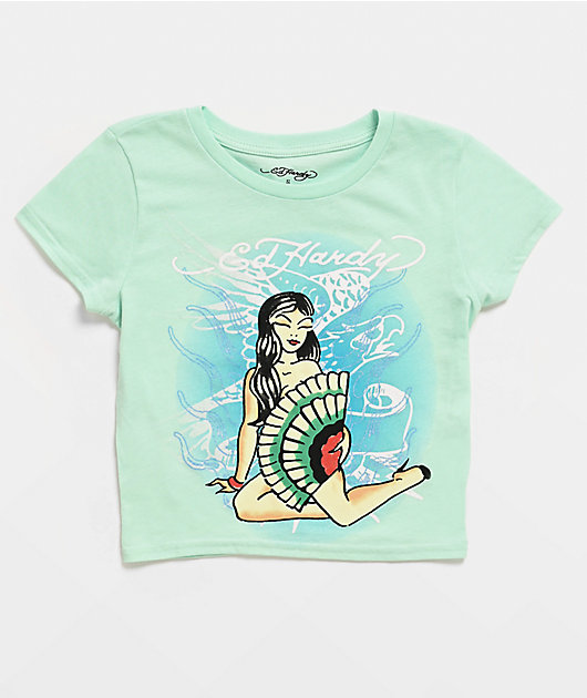 Ed Hardy Geisha Blue Crop T-Shirt