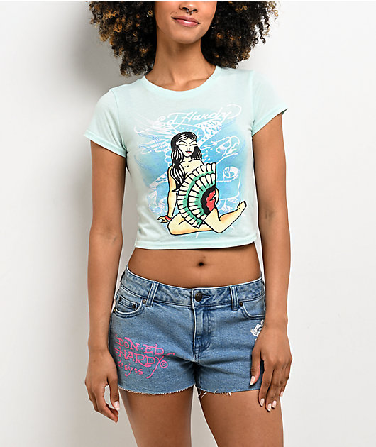 Ed Hardy Geisha Blue Crop T-Shirt
