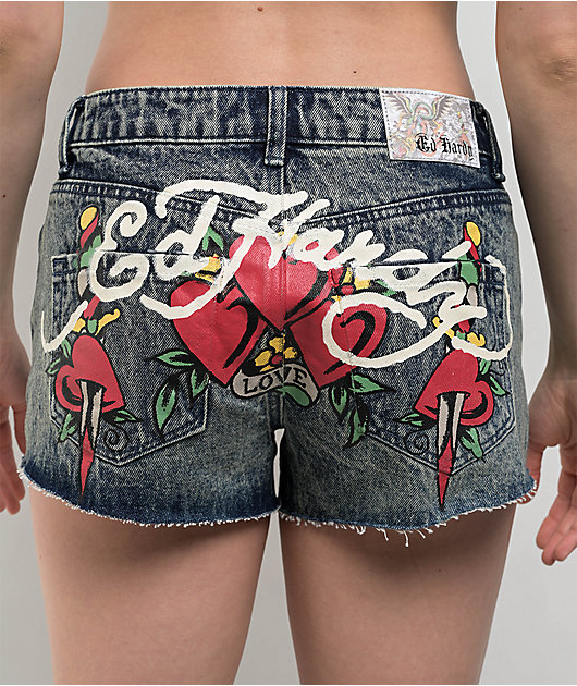Ed Hardy Heart Dagger Blue Wash Denim Cutoff Shorts