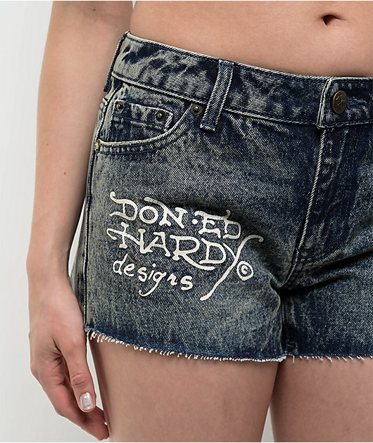 Ed Hardy Heart Dagger Blue Wash Denim Cutoff Shorts