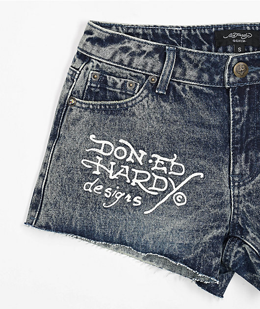 【ED HARDY】ハートダガー デニムショートパンツ Ed Hardy Heart Dagger Blue Wash Denim Cutoff Shorts | Zumiez