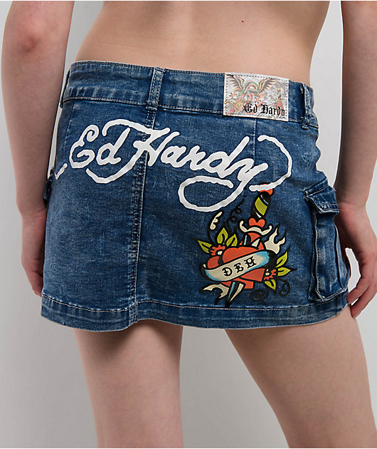 Ed Hardy Heart Dagger Light Wash Denim Cargo Mini Skirt