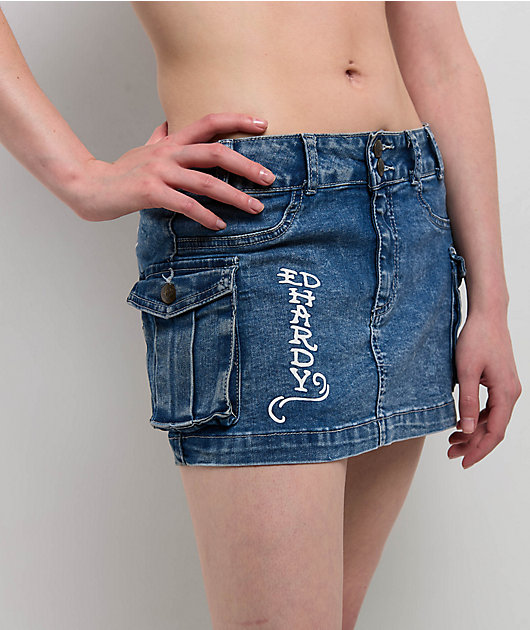 Ed Hardy Heart Dagger Light Wash Denim Cargo Mini Skirt