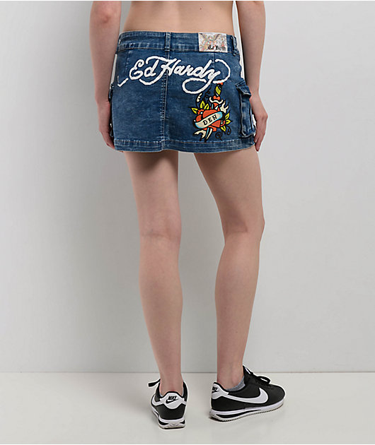 Ed Hardy Heart Dagger Light Wash Denim Cargo Mini Skirt | Zumiez