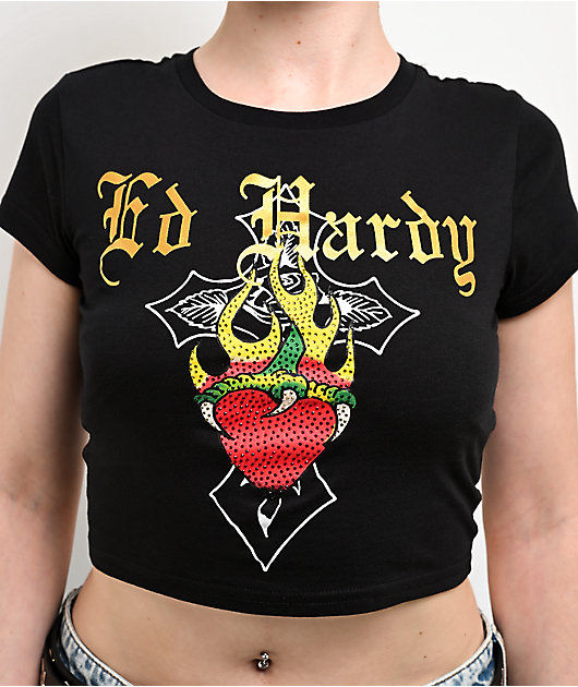 Ed Hardy Heart Flame Rhinestone Black Crop T-Shirt