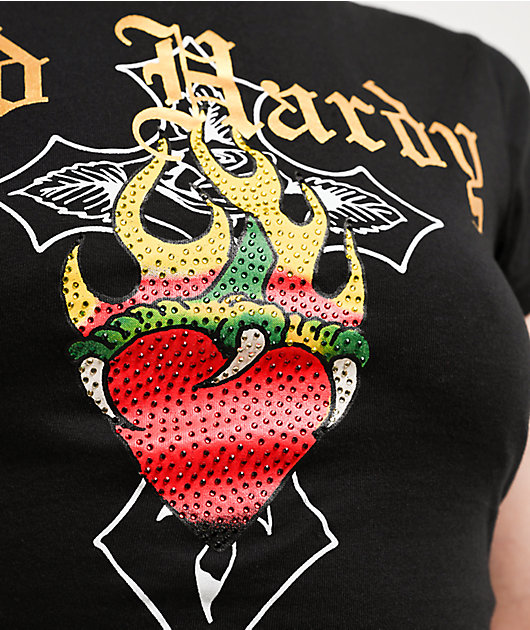 Ed Hardy Heart Flame Rhinestone Black Crop T-Shirt