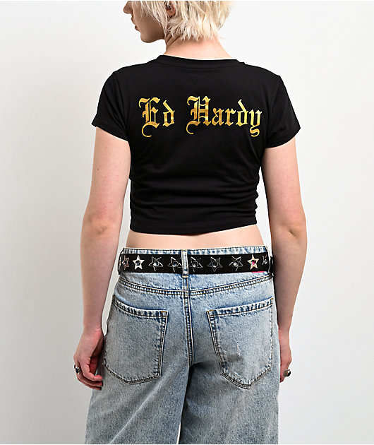Ed Hardy Heart Flame Rhinestone Black Crop T-Shirt