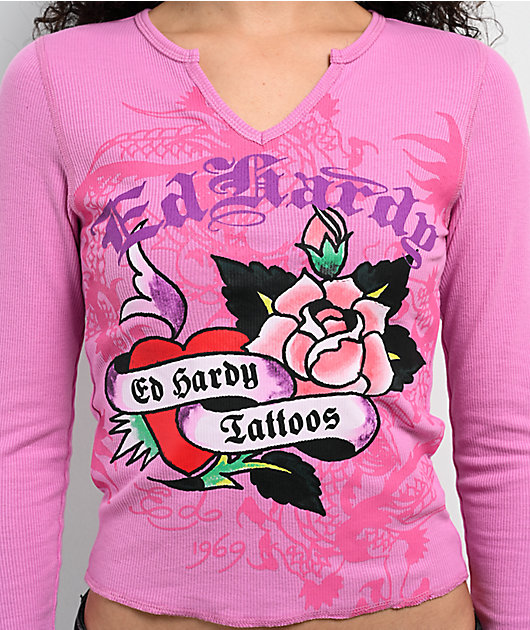 Ed Hardy Heart Roses Orchid Pink Notch Thermal Long Sleeve T-Shirt