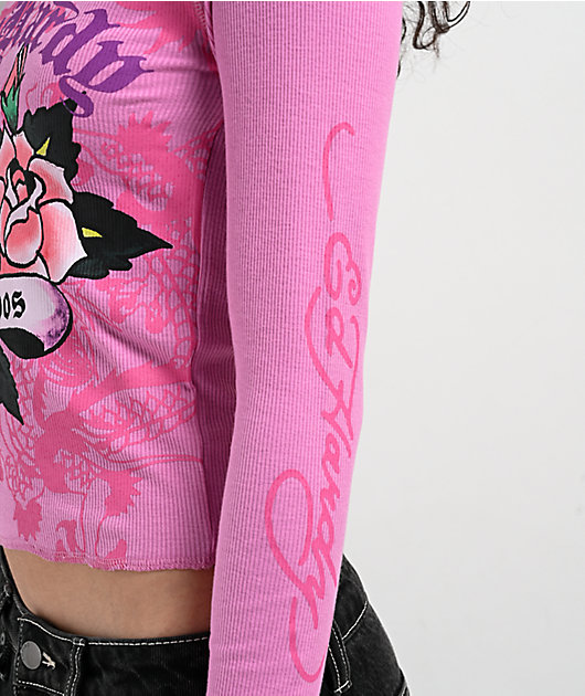 Ed Hardy Heart Roses Orchid Pink Notch Thermal Long Sleeve T-Shirt