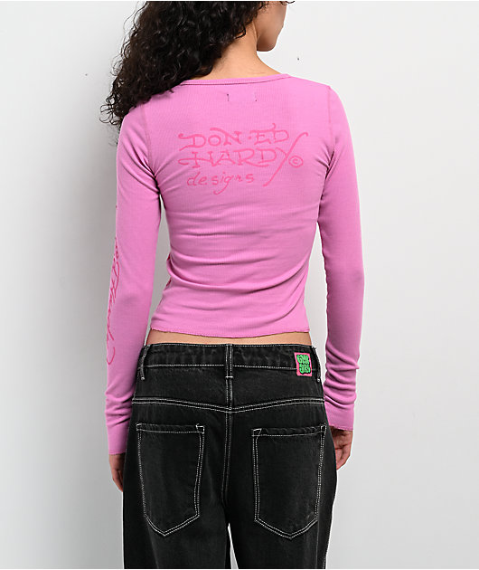 Ed Hardy Heart Roses Orchid Pink Notch Thermal Long Sleeve T-Shirt