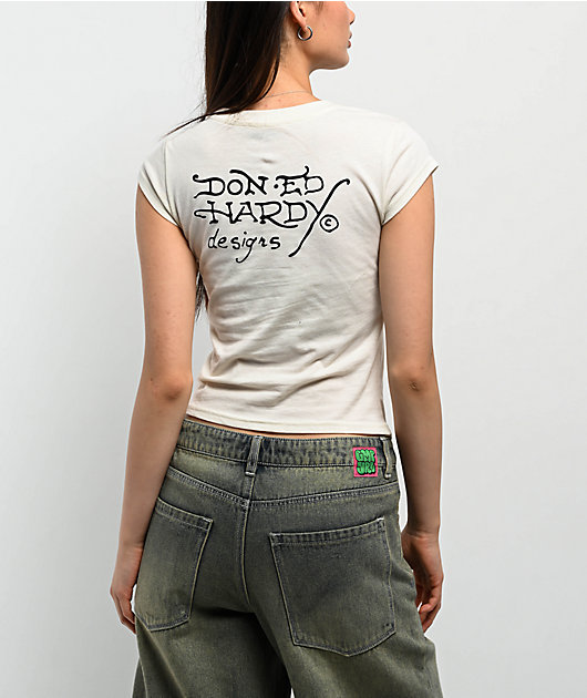Ed Hardy Heart Sword Rhinestone Natural Crop T-Shirt