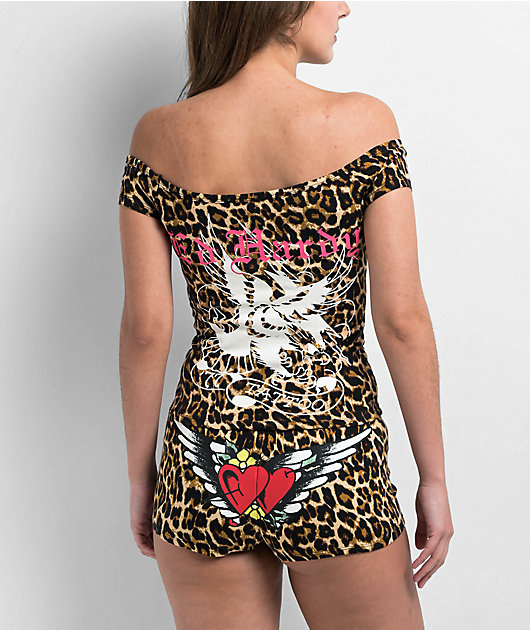 Ed Hardy Hearts Leopard Print Off Shoulder Crop T-Shirt