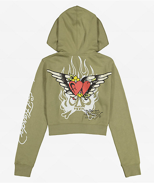 Ed Hardy Hearts Olive Crop Zip Hoodie | Zumiez