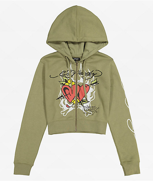 Ed Hardy Hearts Olive Crop Zip Hoodie | Zumiez