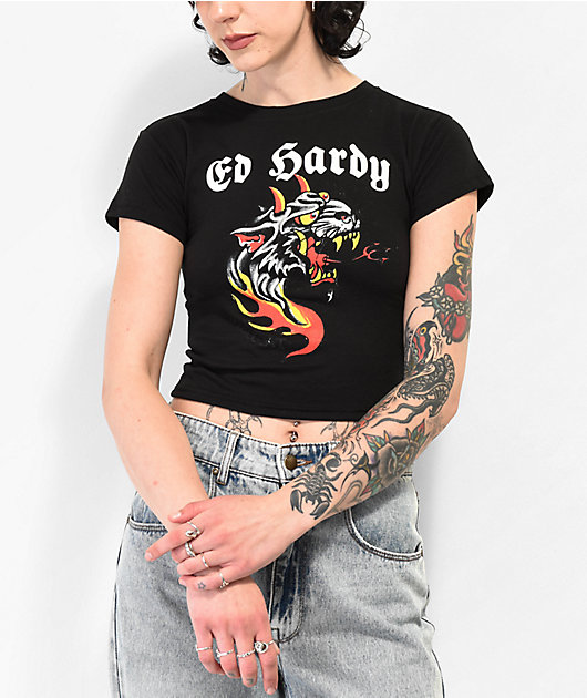 Ed Hardy Hellcat Black Crop T-Shirt