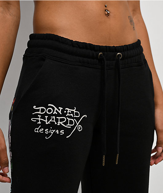 Ed Hardy フレアパンツ 黒 花柄、新品 Ed Hardy Ice Flower Black Sweatpants | Zumiez