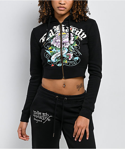 Ed Hardy Ice Flower Sunfade Black Crop Zip Hoodie | Zumiez