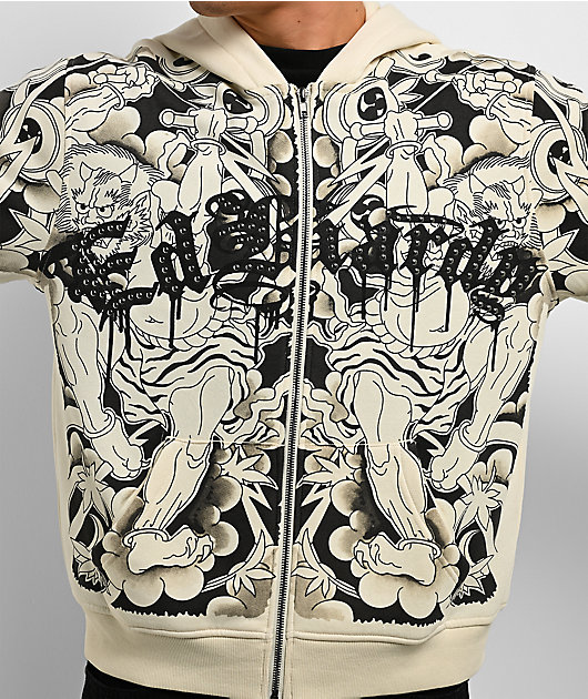 Ed Hardy Japan Lion 2fer Ivory & Black Boxy Zip Hoodie