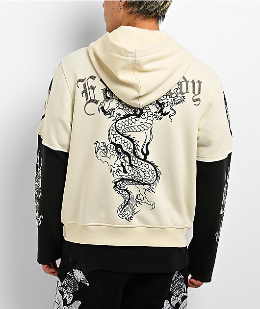 Ed Hardy Japan Lion 2fer Ivory & Black Boxy Zip Hoodie