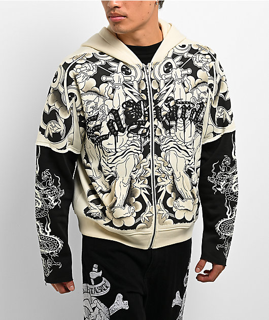 Ed Hardy Japan Lion 2fer Ivory & Black Boxy Zip Hoodie