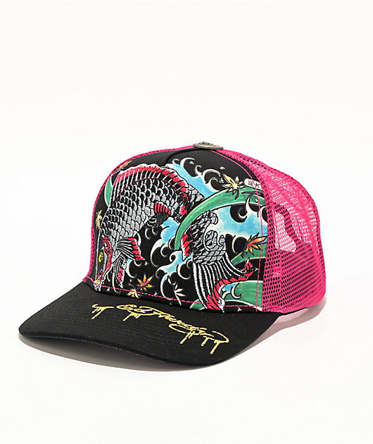 Ed Hardy Black & Pink Trucker Hat エドハーディー キャップ Ed Hardy Koi Fish Black & Pink Trucker Hat | Zumiez