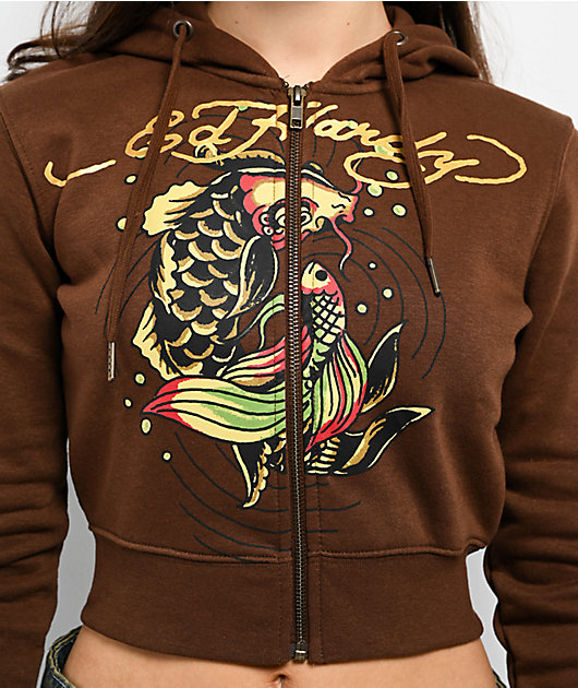 Ed Hardy Koi Fish Cocoa Crop Zip Hoodie