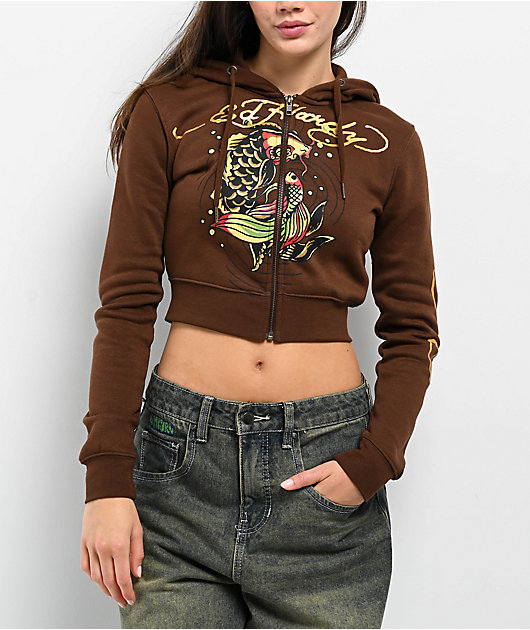 Ed Hardy Koi Fish Cocoa Crop Zip Hoodie | Zumiez