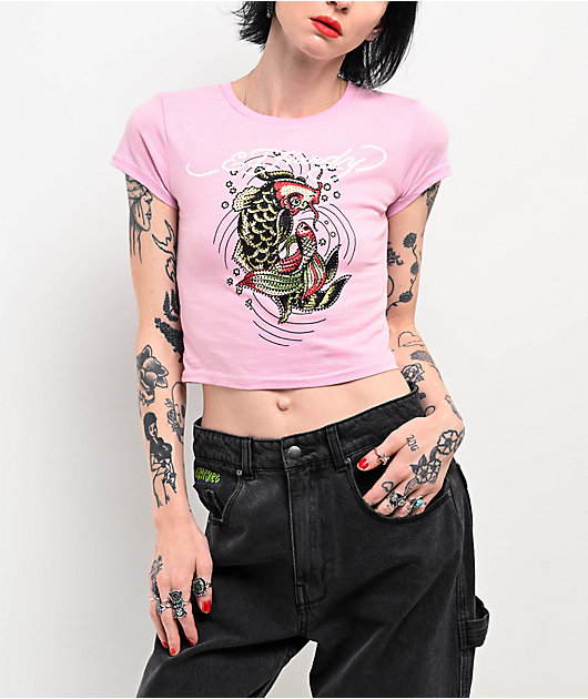 Ed Hardy Koi Rhinestone Pink Crop T-Shirt | Zumiez