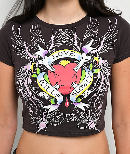 Ed Hardy LKS Heart Espresso Crop T-Shirt