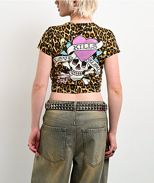 Ed Hardy LKS Pink Skull Leopard Crop T-Shirt