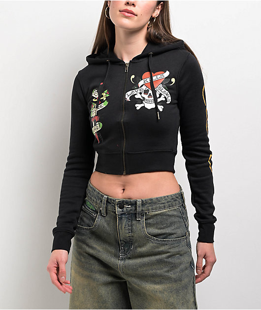 Ed Hardy LKS Skull Black Crop Zip Hoodie | Zumiez