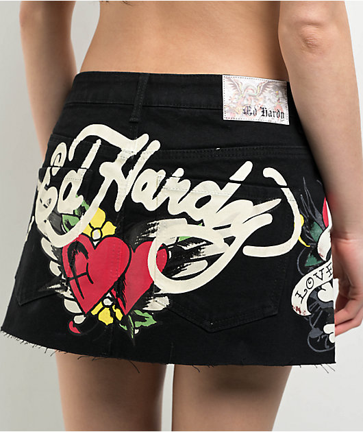 Ed Hardy LKS Skull Black Cutoff Denim Mini Skirt | Zumiez