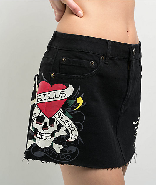 Ed Hardy LKS Skull Black Cutoff Denim Mini Skirt | Zumiez