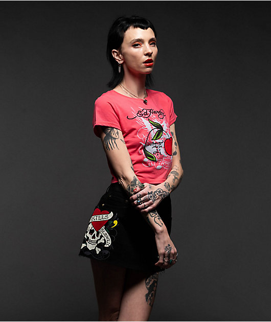 Ed Hardy スカル薔薇ロゴ刺繍　デニムミニスカート Ed Hardy LKS Skull Black Cutoff Denim Mini Skirt | Zumiez