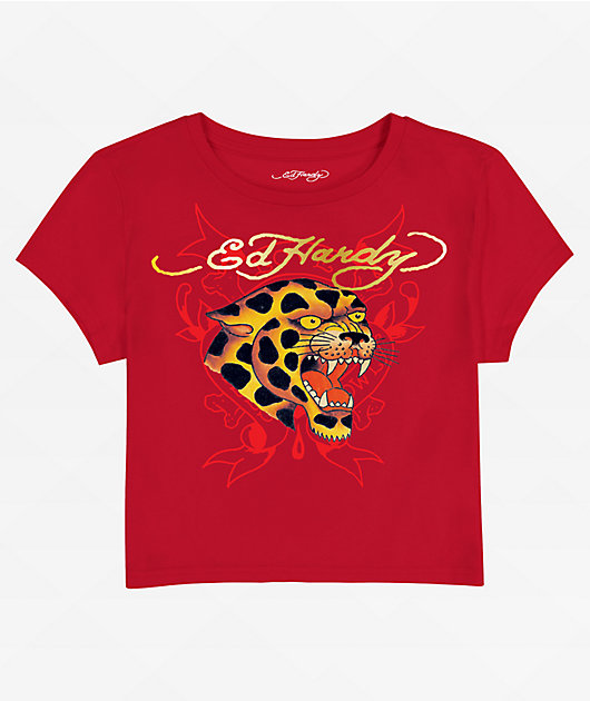 Ed Hardy Leopard Cherry Red Crop T-Shirt