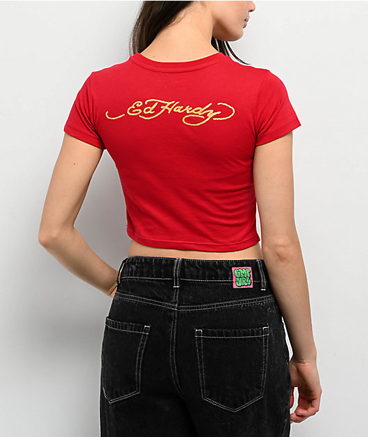Ed Hardy Leopard Cherry Red Crop T-Shirt