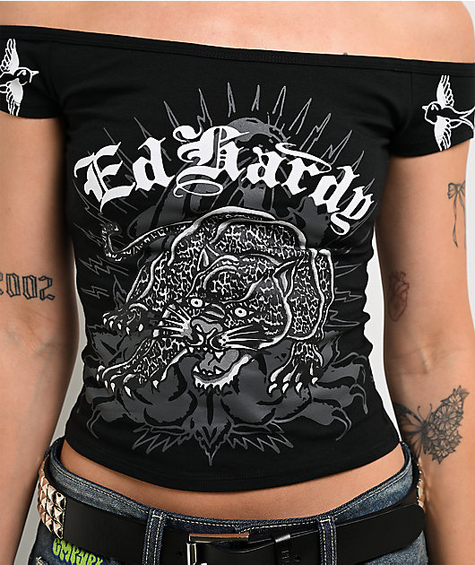 トップス UNKNOWN ED HARDY Iike cut sew Ed Hardy Leopard Panther Black Off Shoulder Crop T-Shirt | Zumiez