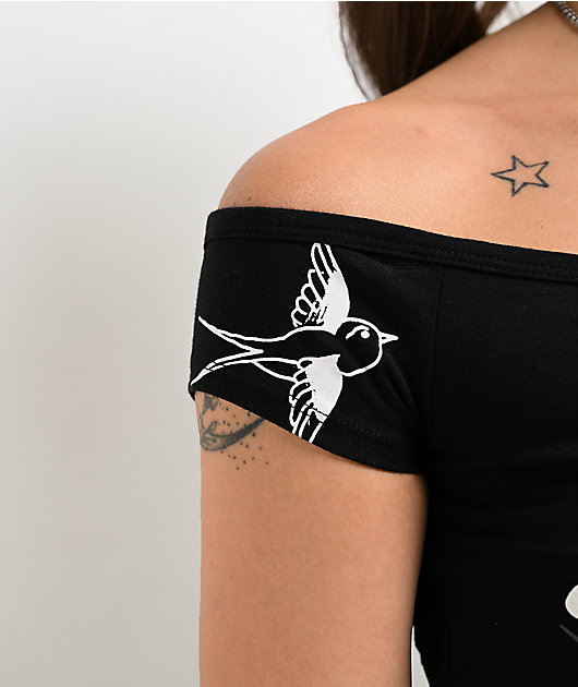 Ed Hardy Leopard Panther Black Off Shoulder Crop T-Shirt | Zumiez
