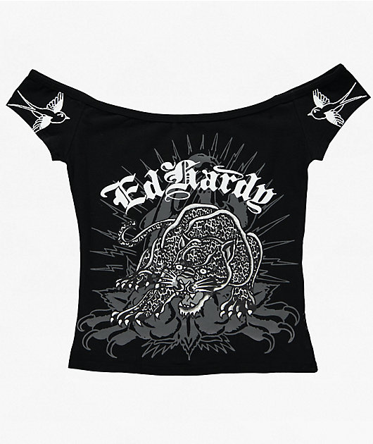 Ed Hardy Leopard Panther Black Off Shoulder Crop T-Shirt