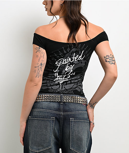 Ed Hardy Leopard Panther Black Off Shoulder Crop T-Shirt | Zumiez