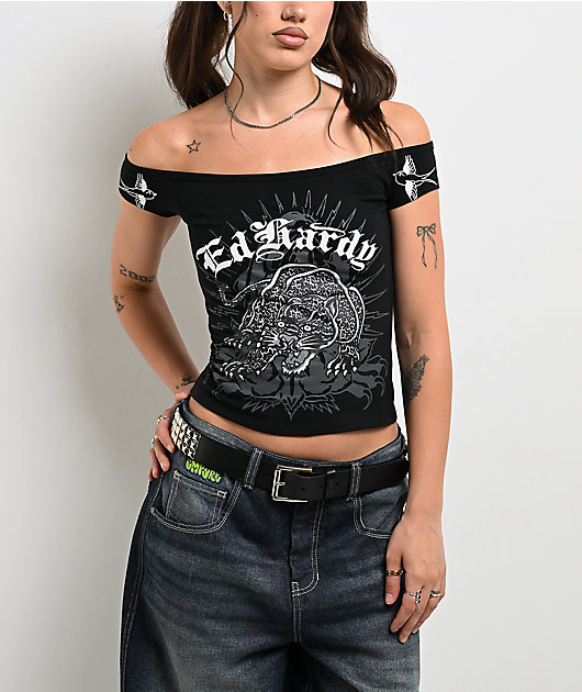 Ed Hardy Leopard Panther Black Off Shoulder Crop T-Shirt