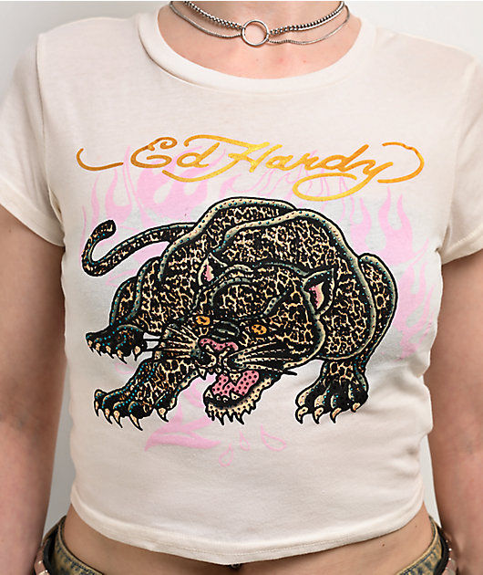 Ed Hardy Leopard Panther Rhinestone Ivory Crop T-Shirt