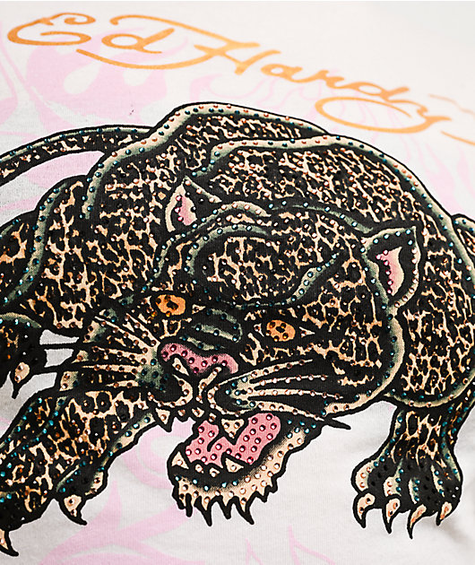 Ed Hardy Leopard Panther Rhinestone Ivory Crop T-Shirt