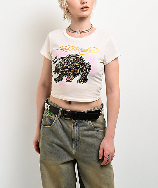 Ed Hardy Leopard Panther Rhinestone Ivory Crop T-Shirt