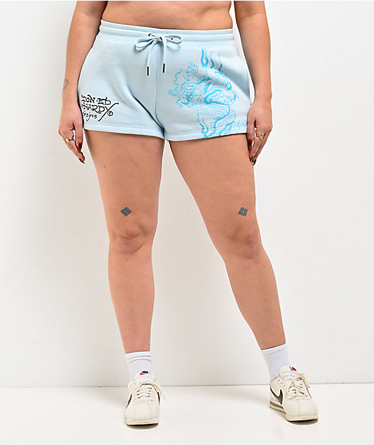 Ed Hardy Leopard Rhinestone Baby Blue Sweat Shorts